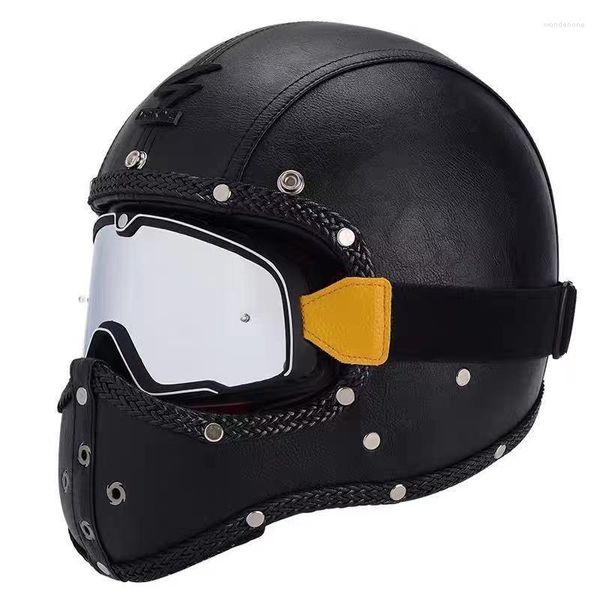 Cascos de moto Vintage casco de cuero negro ABS a prueba de golpes cara completa Motocross todoterreno moto equipo de protección