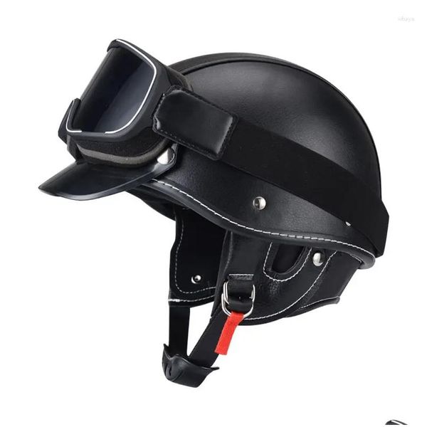 Casques de moto Vintage Design Noir Pu Cuir Classique Demi-Casque pour ADT avec bord amovible Taille S M Dot Drop Livrer Dhq2K