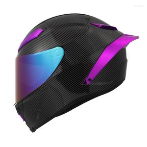 Cascos de motocicleta Mujeres Púrpura Fibra de carbono Casco Cara completa Carreras con gran spoiler Dot Aprobado Capacete Casque