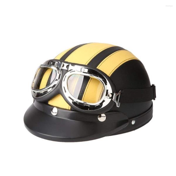 Casques de moto Jaune Casque Open Face Vélo Vélo Scooter Demi Cuir Avec Visière Lunettes Rétro 54-60cm