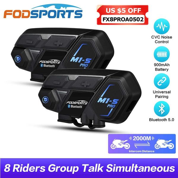 Intercomunicador de motocicleta Fodsports M1S Pro Auriculares Bluetooth para casco Intercomunicador de motocicleta 8 conductores 2000 m Intercomunicador inalámbrico impermeable Moto Radio FM L231153