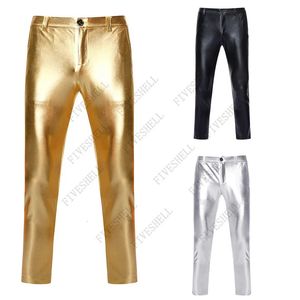 Pantalon de moto en cuir PU pour hommes, slim, brillant, enduit d'or, métallique, pour scène en boîte de nuit, 231225