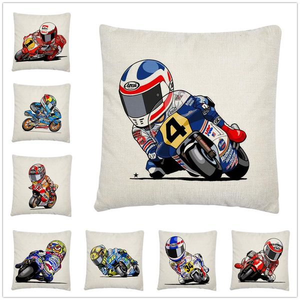 Housse de coussin en lin, motif de dessin animé de course de moto, taie d'oreiller courte et douce en peluche, décoration pour la maison, le canapé et la voiture, 310g