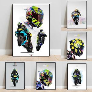 Affiche aquarelle de course de moto, légende de moto, casque d'étoile, Graffiti, peinture sur toile, Art mural, salon, port automobile, chambre de garçon, décor sans cadre Wo6