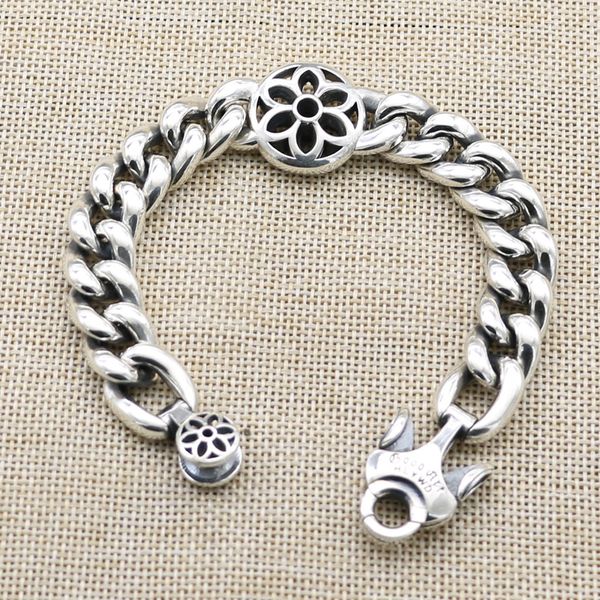 Bracelet visage lisse moto, tendance punk avant-gardiste, bracelet dominatrice fleur de cerisier en argent pur, bijoux pour hommes, style grossier visage large en argent thaïlandais