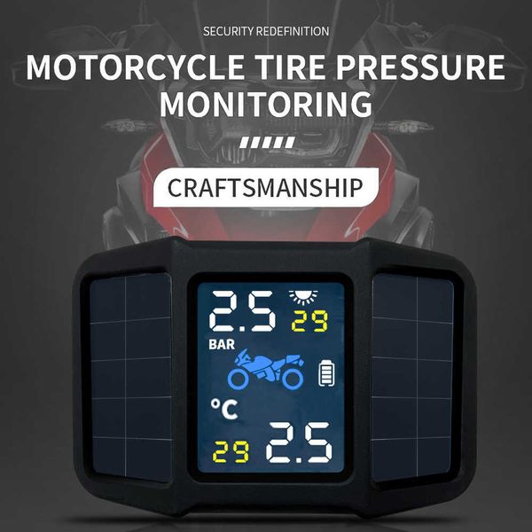 Sistema de alarma de monitoreo de temperatura de neumáticos de presión de neumáticos de Motor TPMS para motocicleta resistente al agua con 2 sensores externos de carga Solar para coche