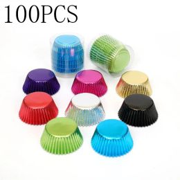 Vormen 100 stks gouden foliepapier cupcake liners goud/zilver/rood/blauw/zwarte tulpen pure kleur bakken muffin cup cake wrappers kashouder