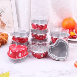 Molds 10 stcs/set 100 ml hartvormige aluminium foliecake pan cupcake beker met deksels flan bakpannen voor moederdag Valentijnsdag Wedd