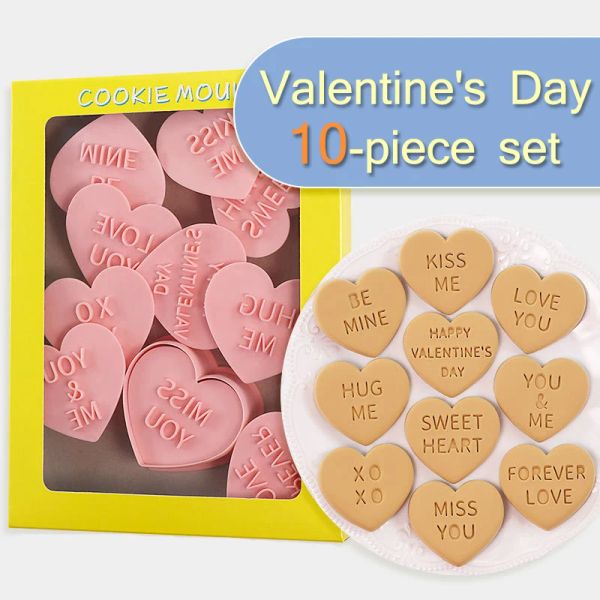 Moules 10pcs Saint-Valentin pour glaçage Biscuit Biscuit Set Love 3D Plastique Coeur Forme Fondant Cake Party Decorator Tools Baking Tools