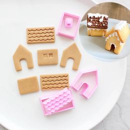 Molds 1set Gingerbread House Cookie Cutter Mold Cartoon Mini Christmas House Diy Assembly Biscuit Fondant Embosser Stamps Bakgereedschap