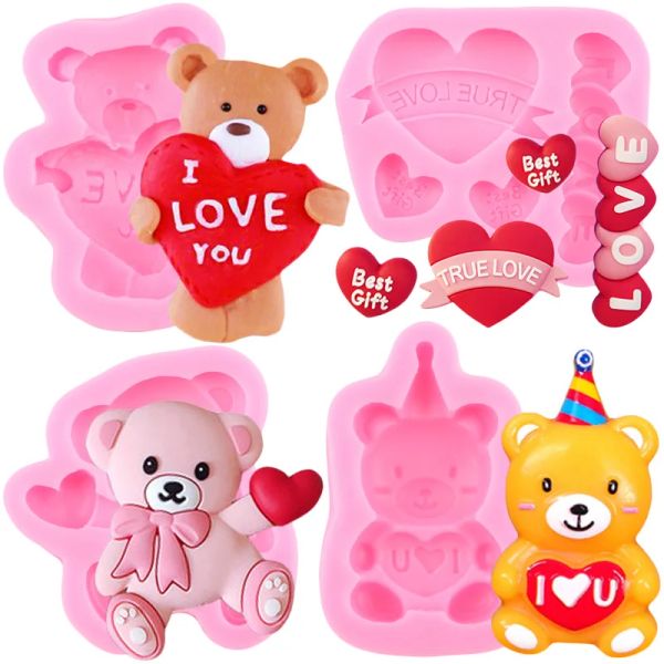 Moules 3D Bear Silicone Moule amour coeur Chocolate Fondant Gâteau outils de décoration de bonbon argile résine Moule Cupcake Topper Baking Accessoires