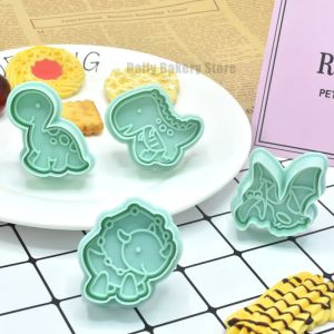 Molds 4pcs Dinosaur Cookie Cutter Biscuit Embosser Stamp Schouder Cartoon Dierlijke patroon Fondant Cookie Mallen Baking Cake Decorating Tools