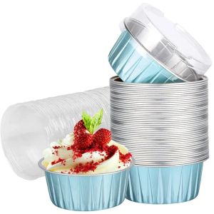 Moules 50pcs ramekins avec les couvercles, tas de boulangerie en aluminium 5oz en aluminium Cupcake Muffin Louleurs de pudding Pudding Cups pour anniversaire de mariage