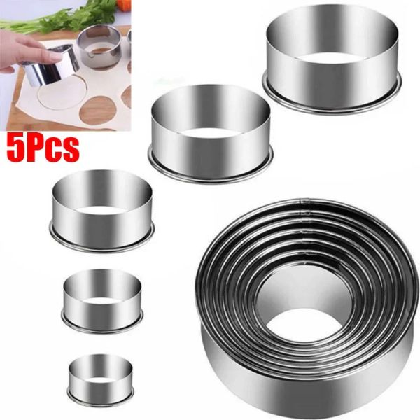 Moules 5pcs / Set en acier inoxydable Round Cookie Biscuit Cercle Certe Coupes de pâtisseries Métallines Moule de boulangerie Moules d'anneau pour la cuisine Moule de bricolage