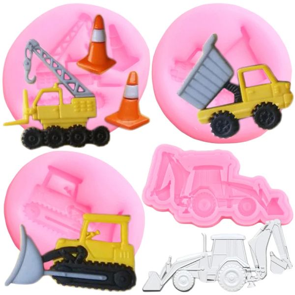 Moules bulldozer silicone moules grue construction camion chocolate fondant gâteau outils de décoration de fête de fête bébé accessoires de cuisson