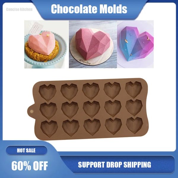 Moules Creative Heart Chocolate, 8/15 Cavités Moule de silicone, accessoires de topper à gâteau bricolage 3D outils de pâtisserie
