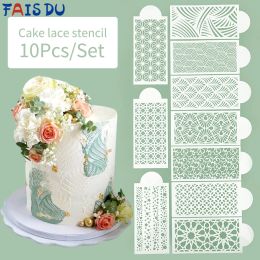 Vormen fais du 10pcs nieuwe fondant cake stencils mesh embossing voor bak decoratie gereedschap spuitvormige koekjes plastic sjablonen mallen