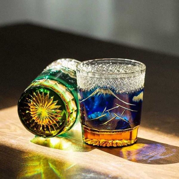 Mount Fuji EDO Kiriko Vaso de whisky Copas de vino de cristal antiguas japonesas Grabado a mano Vaso de whisky Spirits Copa de coñac HKD230809
