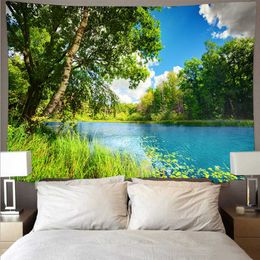 Mountain Forest Lake Landschap Tapestry Gedrukt Muur Dekking Psychedelische Muur Opknoping Strandhanddoek Polyester Dunne Deken Yoga 210609