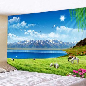Paysage de montagne Tapisserie Glowing Psychédélique Tenture Anime Loup Tapisserie Boho Home Decor Art Mur Tissu Tissu Grande Taille 210609