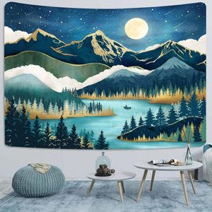 Tapiz de montaña para colgar en la pared, tapiz artístico de árbol forestal, tapiz de puesta de sol, paisaje natural, decoración del hogar para dormitorio, sala de estar, dormitorio 240304