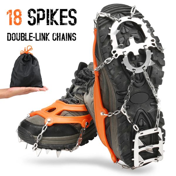 Crampons d'alpinisme Crampons sans grumeaux 18 pointes Crampons de traction Femmes Hommes Poignée antidérapante pour neige glacée avec pochette de rangement Marche Randonnée Pêche Crampons 231114