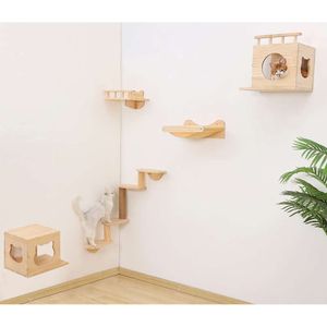Ensemble de meubles en bois pour chats d'intérieur, aire de jeux d'escalade avec 2 hamacs muraux, échelle à 4 niveaux, 1 poteau à gratter pour chat