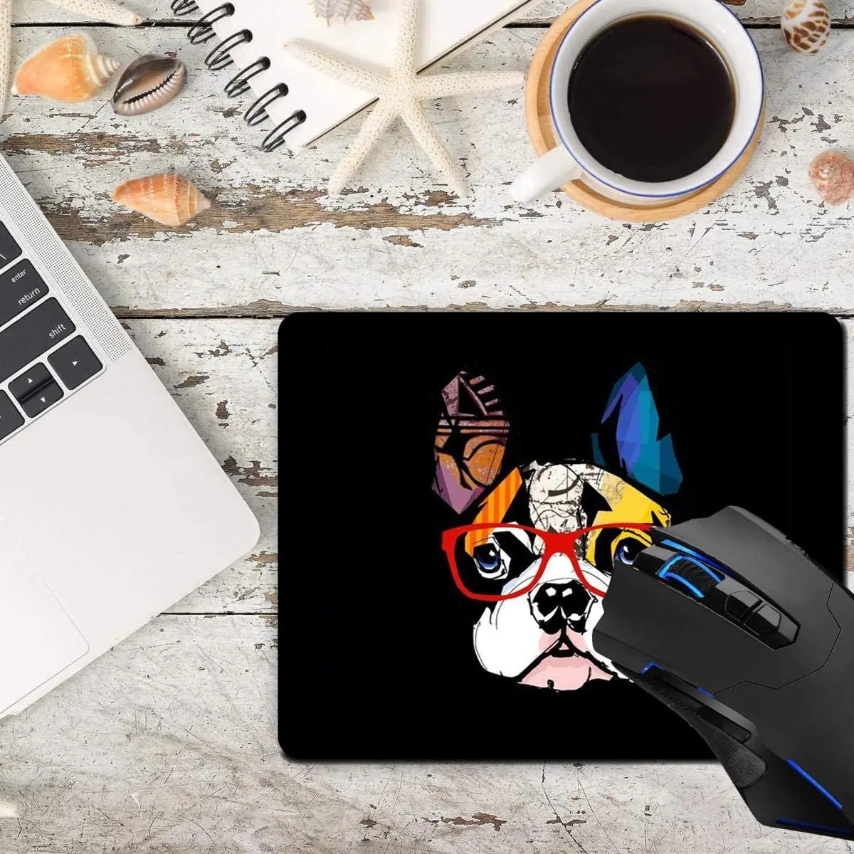 Musdyna, fransk bulldogg som bär solglasögon datormusdynor skrivbordstillbehör icke-halkgummibas, muspad för bärbar dator mus