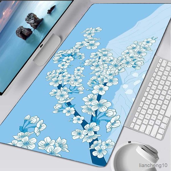 Tapis de souris poignet bleu Sakura bureau tapis de bureau grande vague tapis de souris Xxl Art Table tapis de souris tapis ordinateurs bureaux accessoires R230819