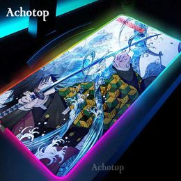 Mouse Pads Apoios de Pulso Anime Demon Slayer Mousepad Gaming Mouse Pad RGB LED Gamer Mat Computador Mesa Padmouse Teclado Kamado Nezuko Locrkand mangá mat YQ231117