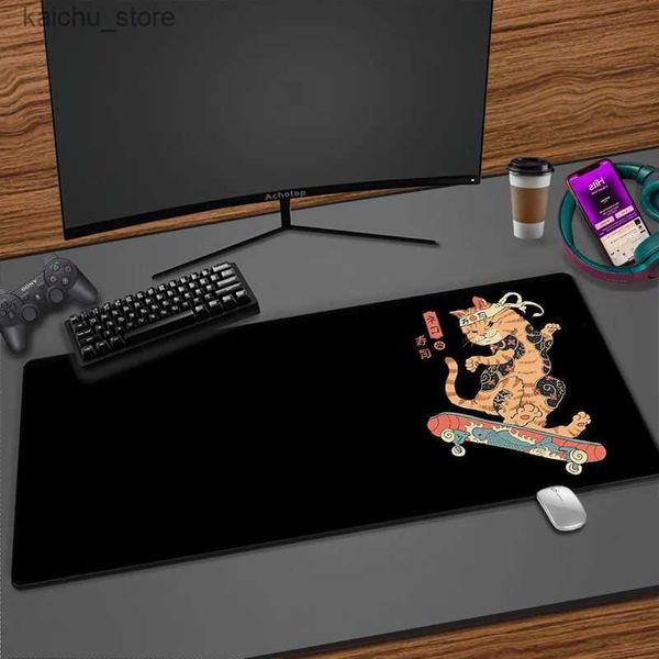 Ratones de ratón Muñecas de muñeca RESTA ANIME CAT CAT SAMURAI NEGRO MOUSE PAD XXL PC alfombra Kawaii Mat de escritorio de oficina Teclado de la alfombra Japón Mausepad 900x400 Y240419