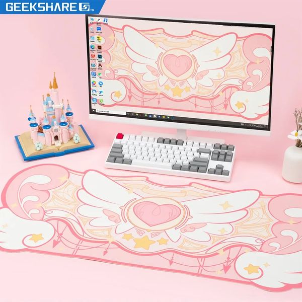 Tapis de souris Repose-poignets GeekShare Tapis de jeu pour ordinateur grande taille 8437 cm Kawaii Pink Star Wings Bureau Tapis de table antidérapant Tapis imperméables 231204