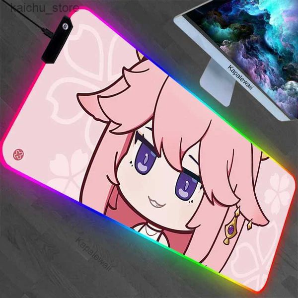 Mouse Pads poignet repose Genshin Impact Backlight Gaming Mousepad Desk Rug RGB Gamer Gamer Mousepads Pink Kawaii Mouse Pad LED Mate Mouse 100x50cm Clavier Mat Y240419