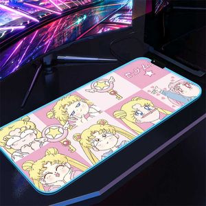Tapis de souris Repose-poignets Tapis de souris Xxl Tapis de souris de jeu LED Pc Gamer Accessoires Rose Sailor Moon RVB Tapis de bureau rétro-éclairé Clavier Grand Anime Souris étendues T230215