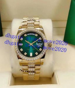 Move2020 Automatic Men Watch 128348 36 mm Gold Case Stones Consolènes et diamants au milieu du bracelet Green Face Wrist Watches C59393820