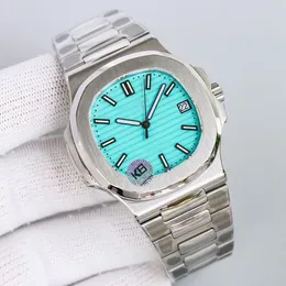 Movimiento Grabado Reloj para hombre PP Automático Mecánico Acero inoxidable Transparente Tiffanyco Azul Dial Relojes para hombres Relojes deportivos con caja