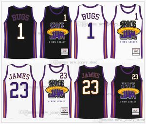 Film # 1 Bugs # 23 James Ruimte Jam Nieuwe Legacy Zwart Wit Basketbal Jersey Custom DIY Design Stitched College Baskeball Jerseys