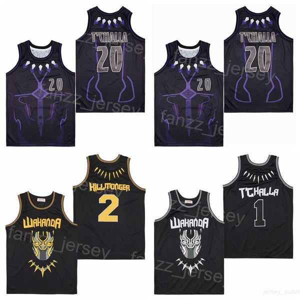 Film 1 Tchalla Jerseys Basketball Black Panther Wakanda 2 Hillmoager Erik Killmonger HipHop Retro Pour les fans de sport Pur coton Retire Noir Respirant Shirt Couleur