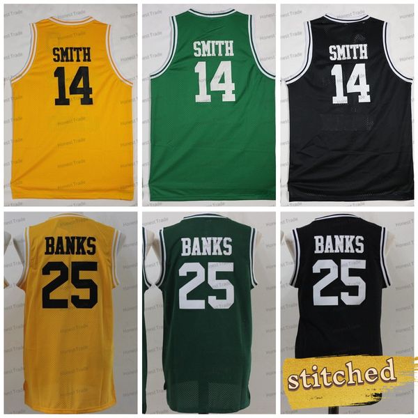 Film 14 Will Smith Basketball Jersey 25 Banks The Fresh Prince OF BEL AIR Academy Noir Jaune Vert Cousu Retro Maillots Hommes
