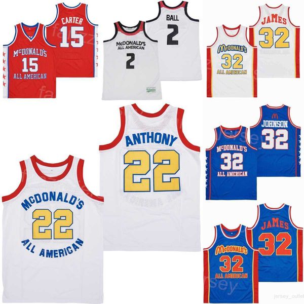 Película ALL AMERICAN Basketball Jerseys MCDONALDS LEBRON JAMES 32 LONZO BALL 2 Carmelo Anthony 22 MAGIC JOHNSON Vince Carter 15 Equipo cosido High School Shirt Hombres