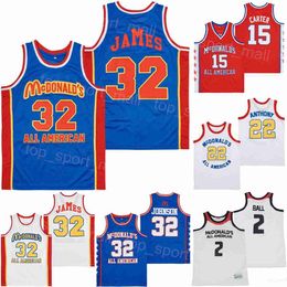 Película TODOS LOS AMERICAN MCDONALDS Jerseys Baloncesto LEBRON JAMES 32 LONZO BALL 2 Carmelo Anthony 22 MAGIC JOHNSON Vince Carter 15 Azul Blanco Naranja Camisa de la escuela secundaria