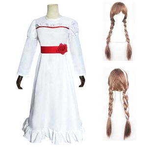 Película Annabelle disfraz fantasma muñeca Cosplay blanco mujer largo princesa vestido falda niñas pelo niños uniformes peluca fiesta de Halloween Y0903