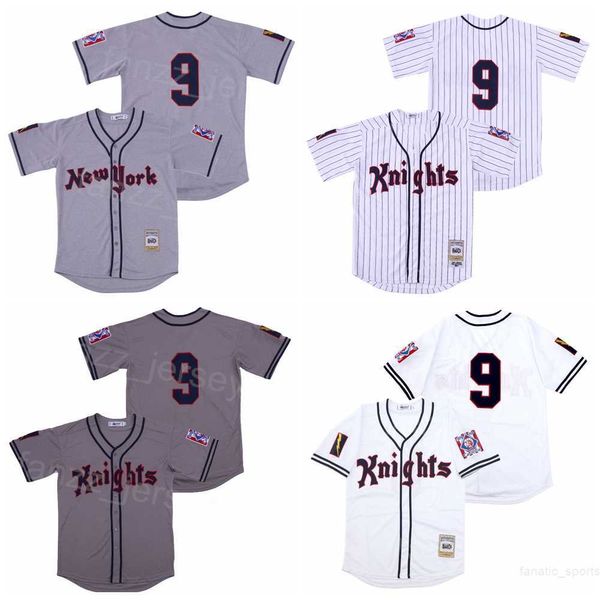 Film Baseball New York NY Knights Maillots 9 Roy Hobbs 1939 Retro Pinstripe Blanc Équipe Couleur Gris Tous Cousus Cool Base Respirant Pur Coton Collège Cooperstown