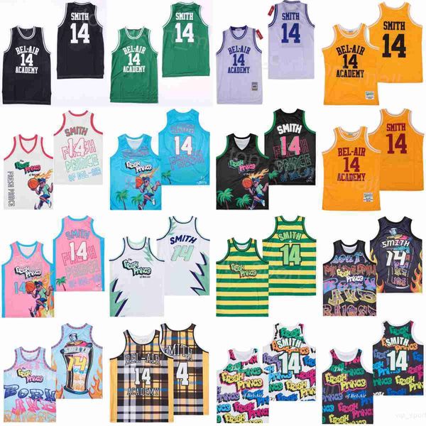 Película Baloncesto 14 Will Smith Jerseys Película El Príncipe Jazzy Jeff DE BEL-AIR GRAFFITI ANIVERSARIO BELAIR Negro Blanco Amarillo Rojo Verde Rosa Uniforme cosido