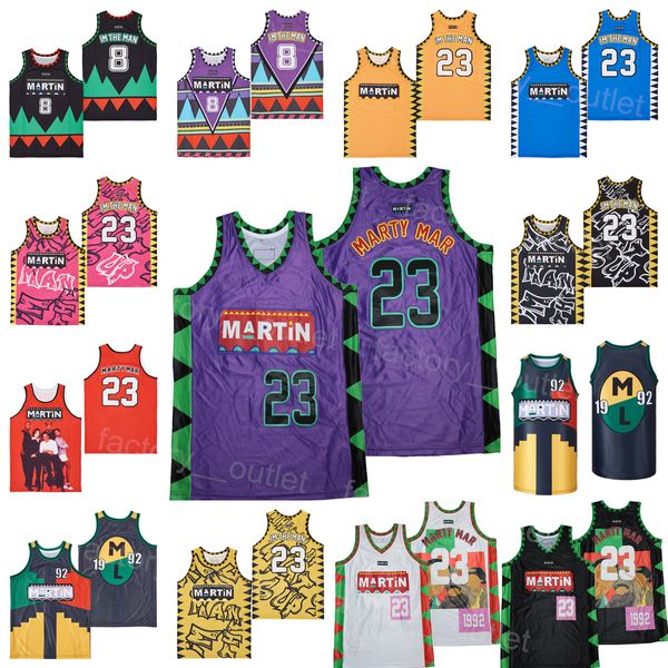 Película Baloncesto Martin Payne Jersey IM THE MAN 1992 Programa de televisión de los 90 23 Marty Mar Lawrence Auténtico TRIBAL SATIN SHOW TIME QUÉ CRÉDITOS ABIERTOS Negro Púrpura Blanco Rojo Rosa