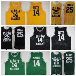 Filmbasketbal van de Fresh Prince Jersey 14 Will Smith 25 Carlton Banks of Bel-Air Basketball Bel Air Academy Yellow Shirt Black Green (TV Sitcom) Stitched Man NCAA