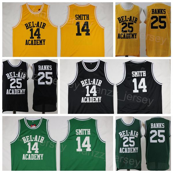 Película Baloncesto OF The Fresh Prince Jersey 14 Will Smith 25 Carlton Banks OF BEL-AIR Baloncesto Academia BEL AIR Camisa amarilla Negro Verde (Comedia de TV) Hombres cosidos NCAA