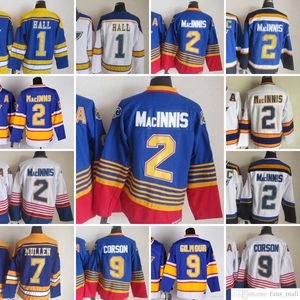 Film CCM Vintage Ice Hockey 1 Glenn Hall Jerseys 7 Joe Mullen 2 Al MacInnis 9 Shayne Corson Men Borduurwerk Jersey 1995 1996 Blue White