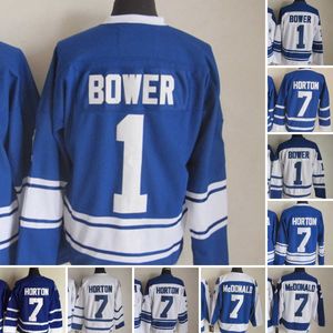 1917-1999 Film Retro CCM Hockey Jersey Borduurwerk 1 Johnny Bower 7 Tim Horton Men Vintage Jerseys White Blue Green