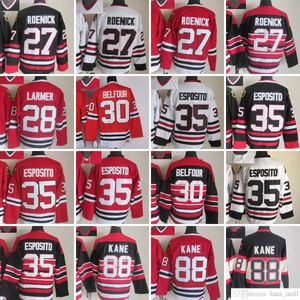 Film CCM Vintage IJshockey 27 Jeremy Roenick Jerseys Stitched 35 Tony Esposito 88 Patrick Kane 30 Ed Belfour 28 Steve Larmer Jersey Zwart Rood Wit